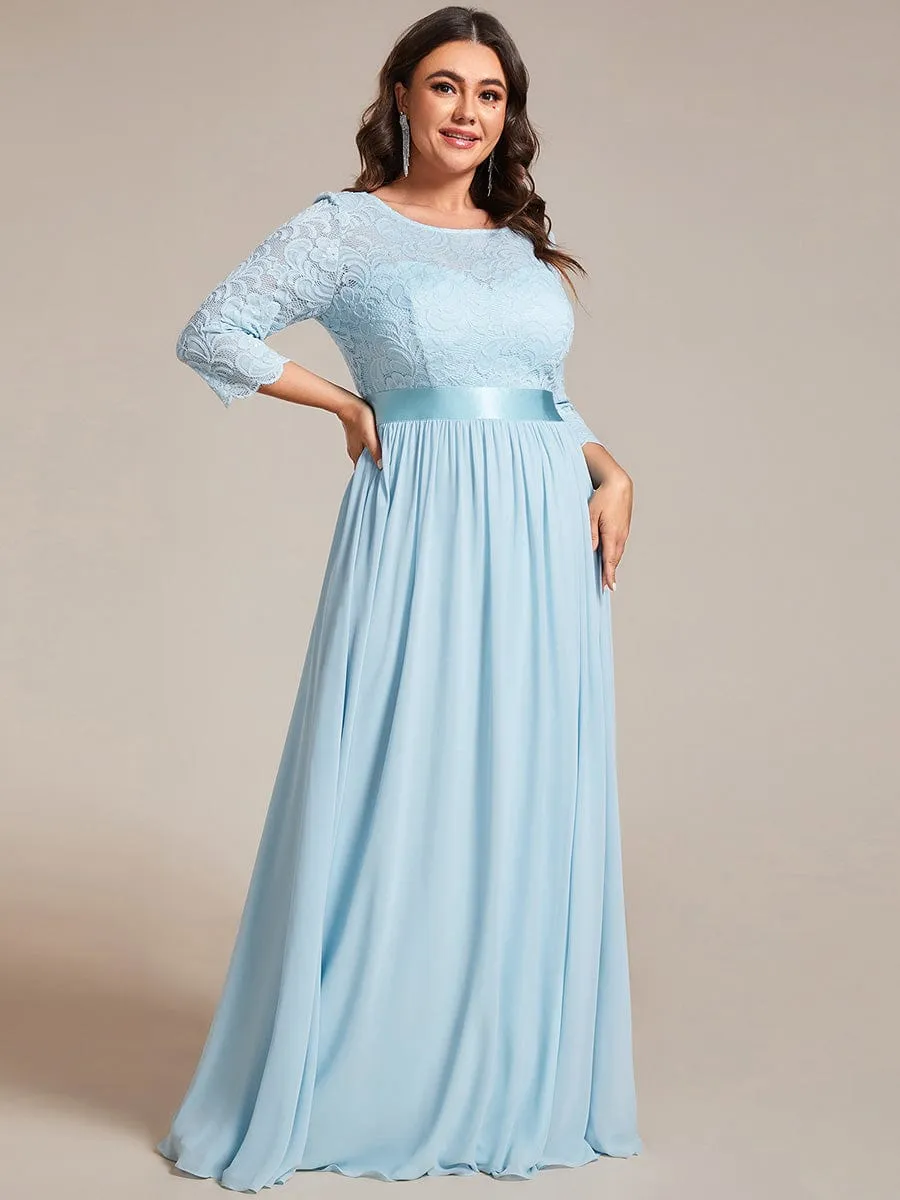 See-Through Floor Length Lace Chiffon Evening Dress with Half Sleeve