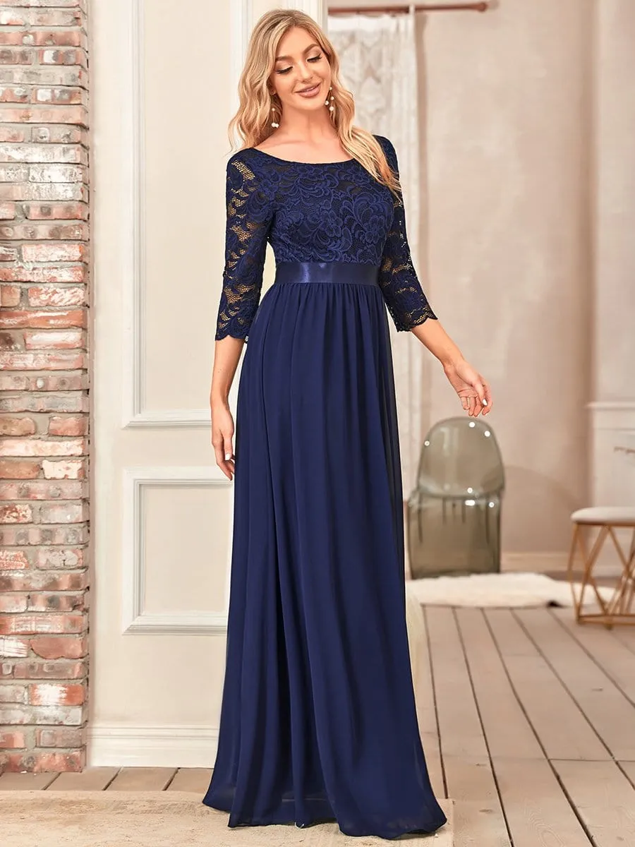 See-Through Floor Length Lace Chiffon Evening Dress with Half Sleeve