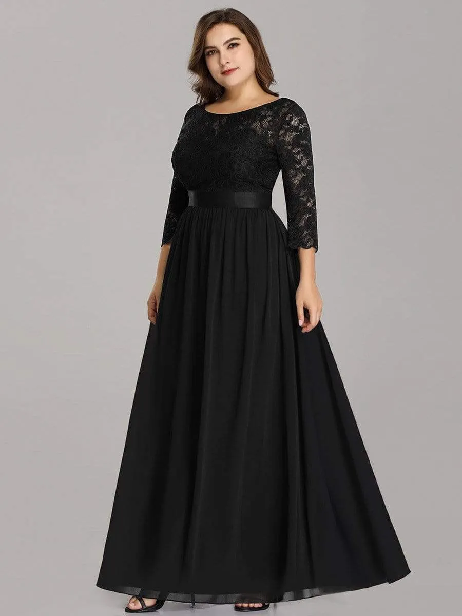 See-Through Floor Length Lace Chiffon Evening Dress with Half Sleeve