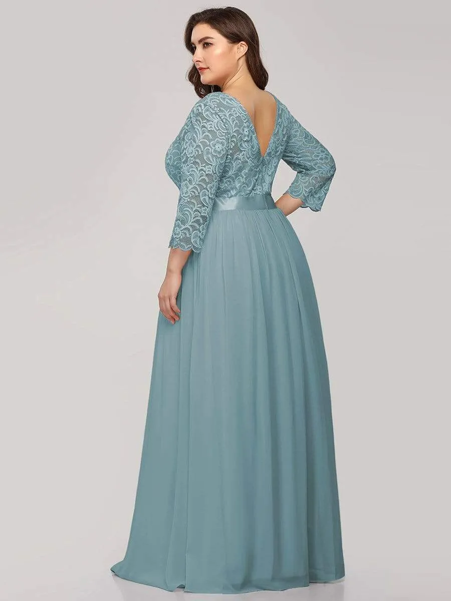 See-Through Floor Length Lace Chiffon Evening Dress with Half Sleeve