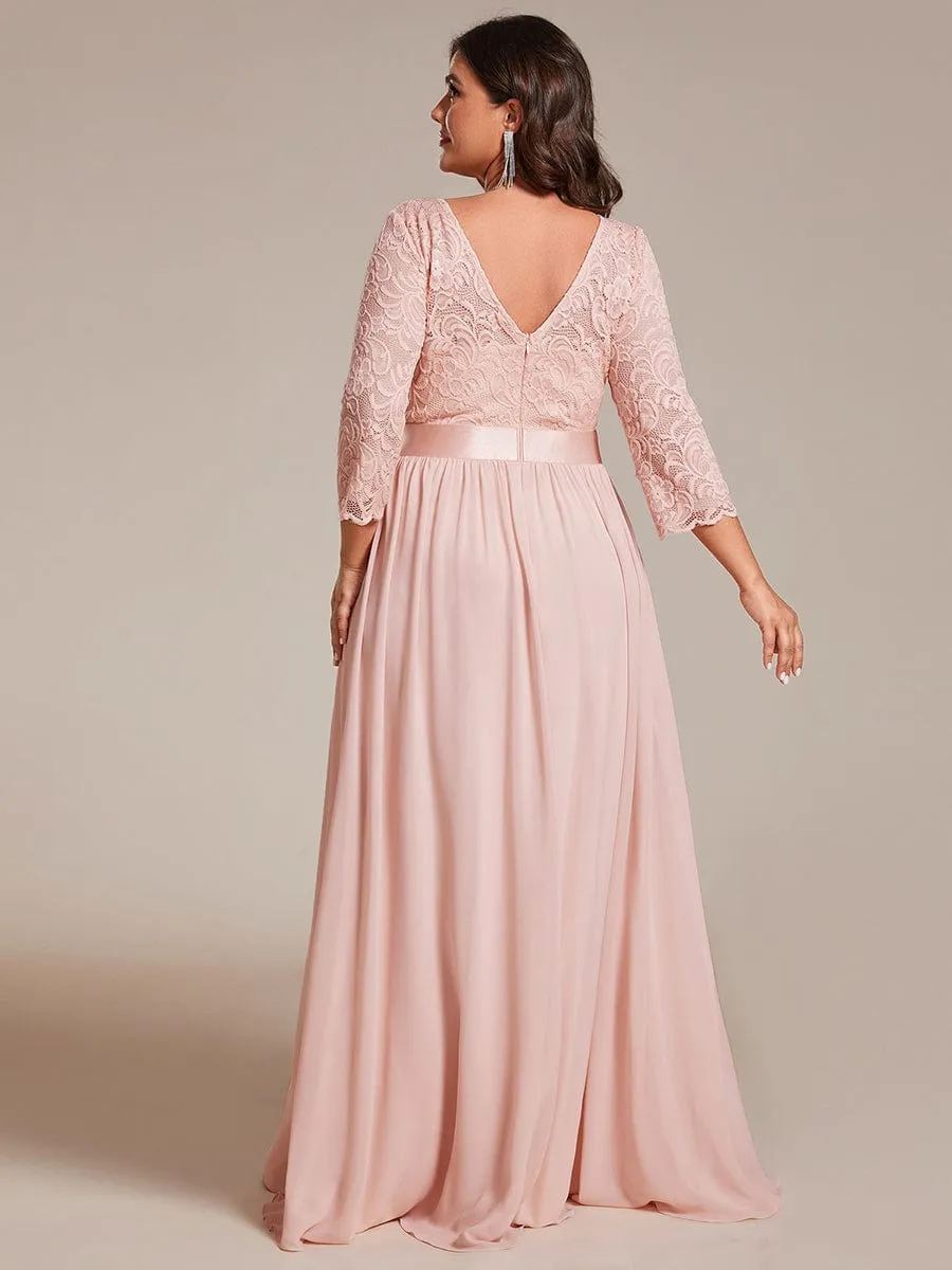 See-Through Floor Length Lace Chiffon Evening Dress with Half Sleeve