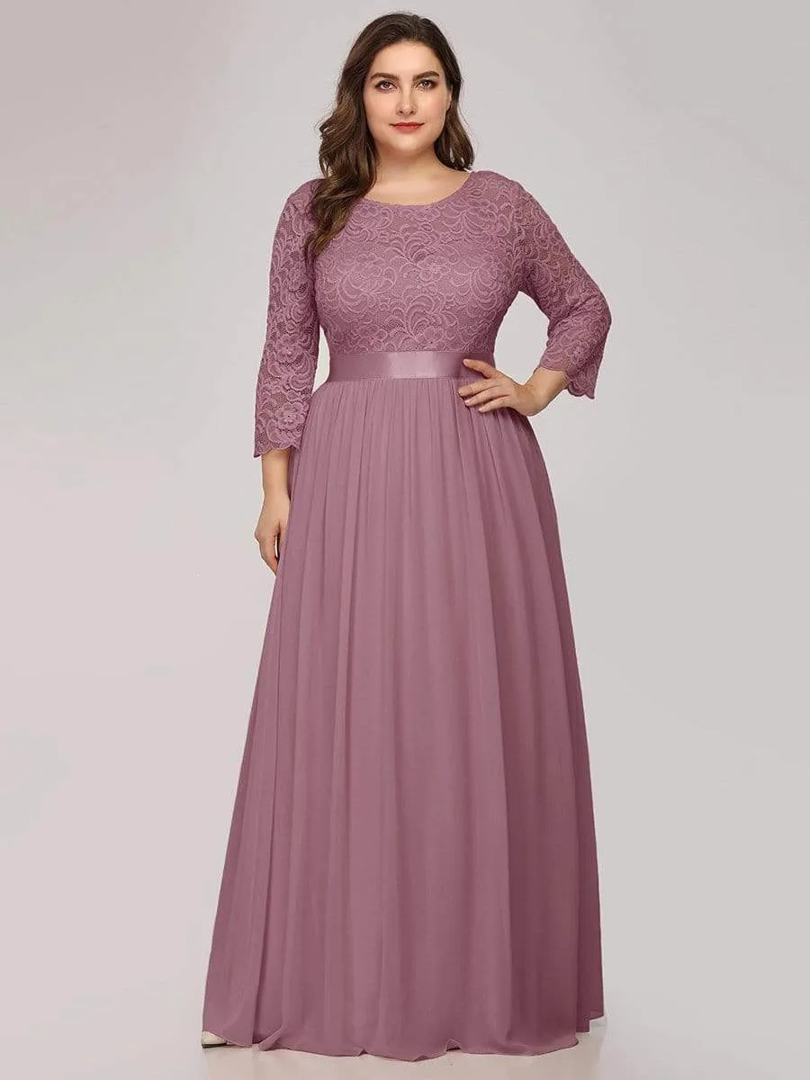 See-Through Floor Length Lace Chiffon Evening Dress with Half Sleeve