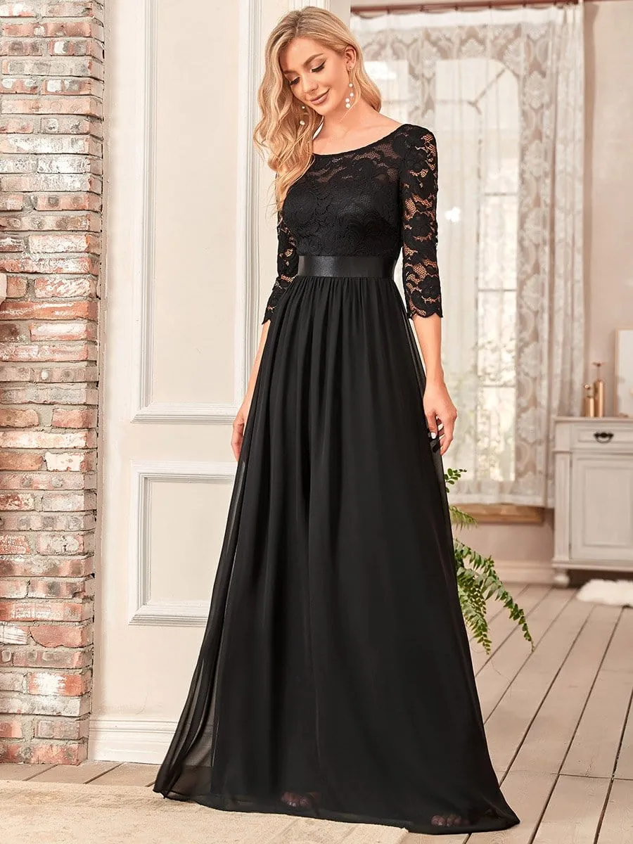 See-Through Floor Length Lace Chiffon Evening Dress with Half Sleeve