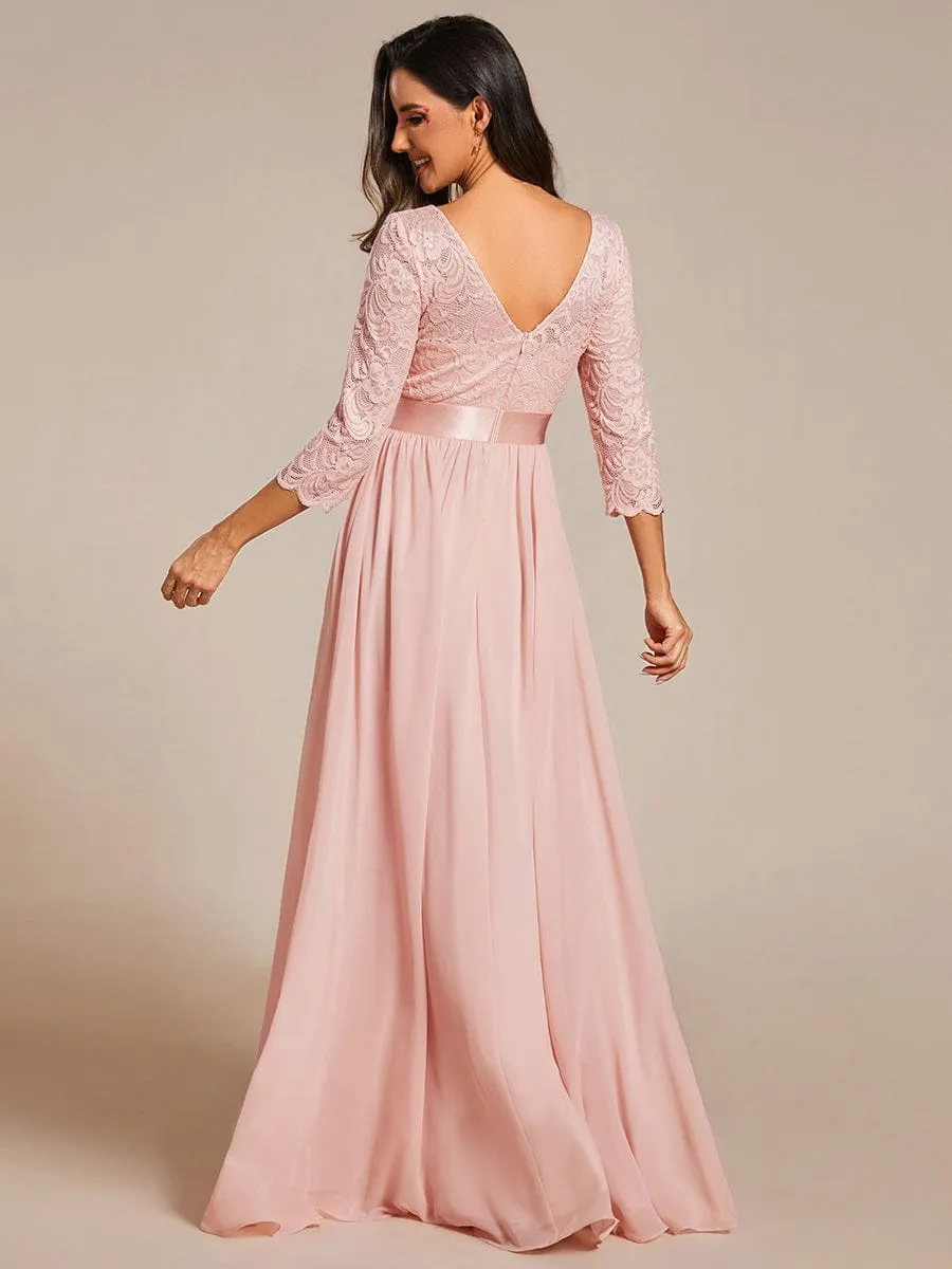 See-Through Floor Length Lace Chiffon Evening Dress with Half Sleeve