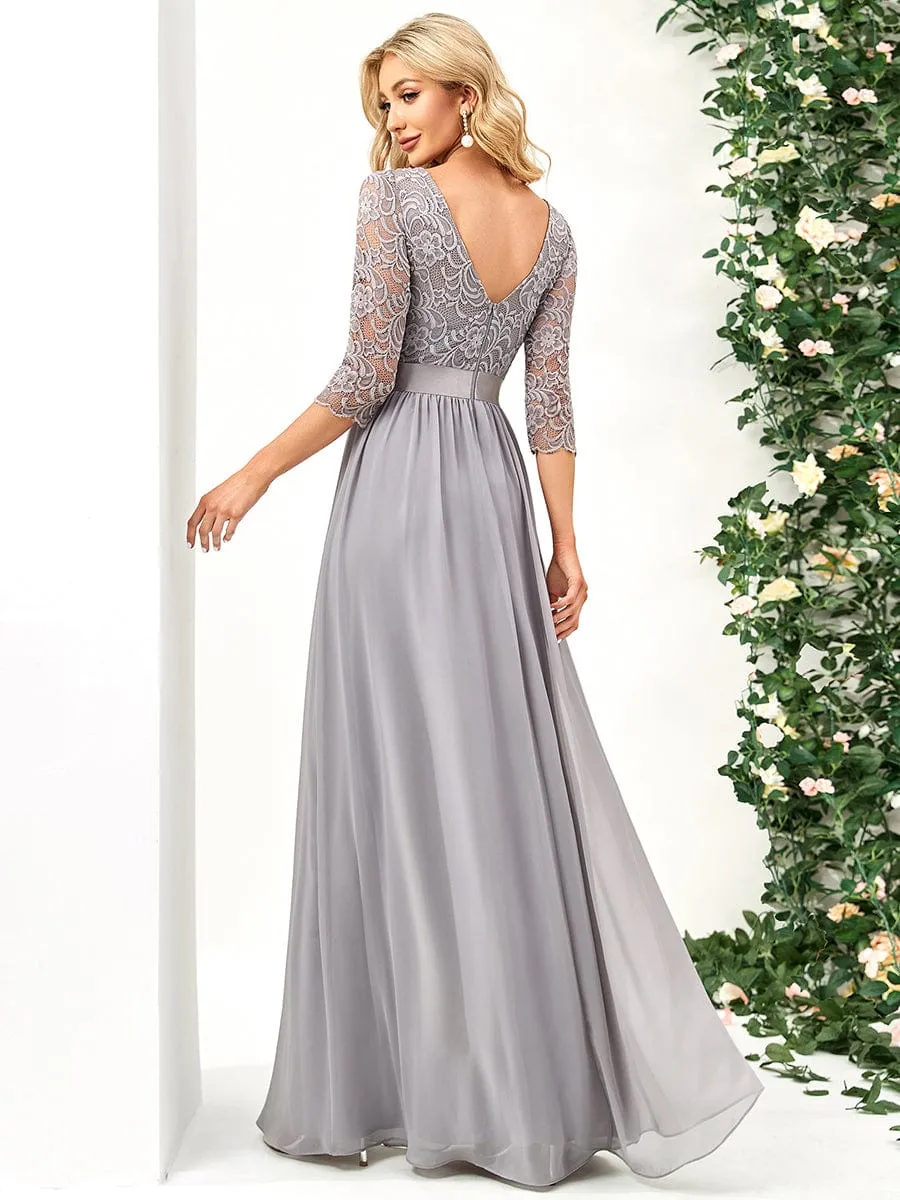 See-Through Floor Length Lace Chiffon Evening Dress with Half Sleeve