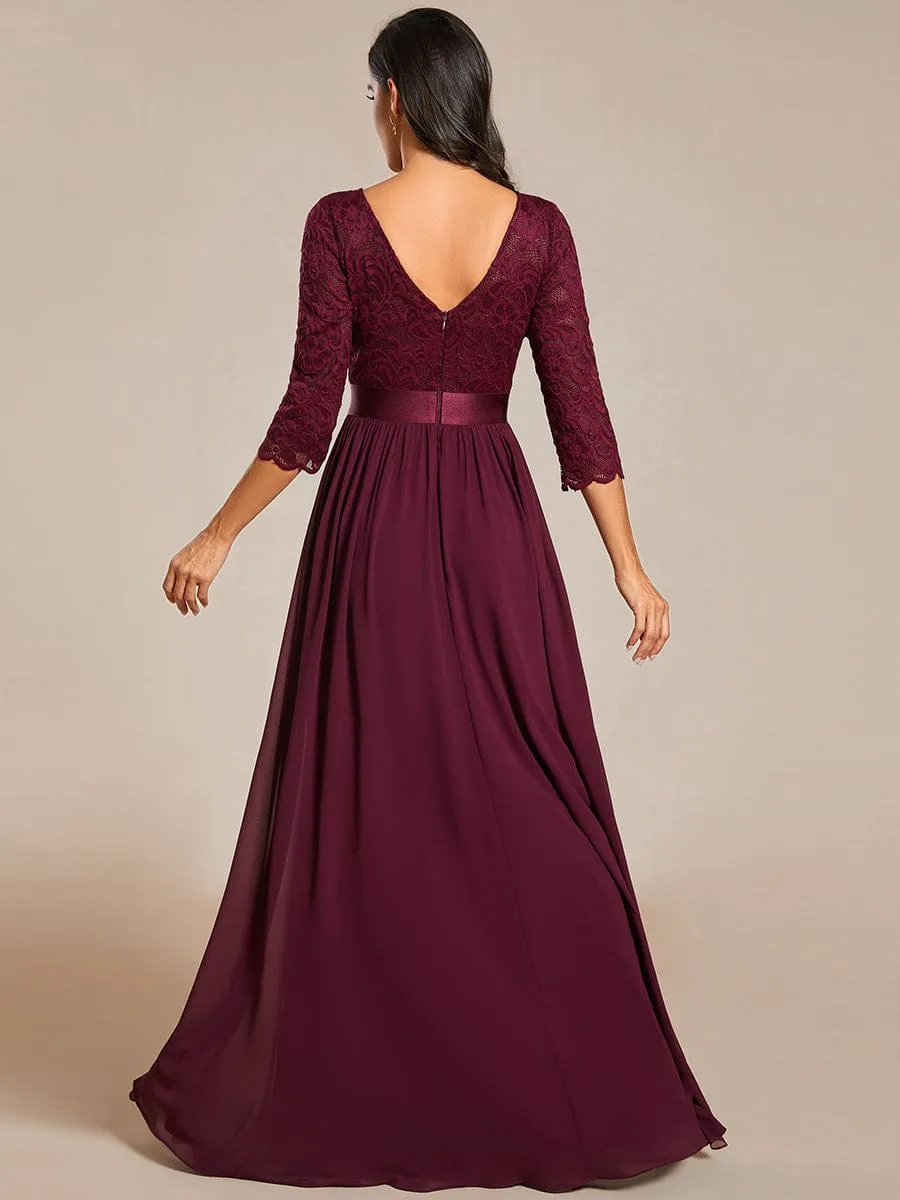 See-Through Floor Length Lace Chiffon Evening Dress with Half Sleeve