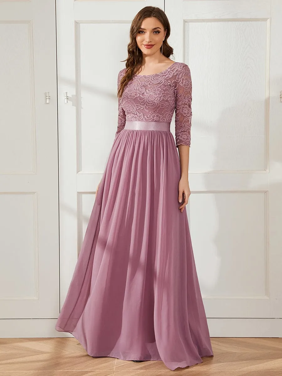 See-Through Floor Length Lace Chiffon Evening Dress with Half Sleeve