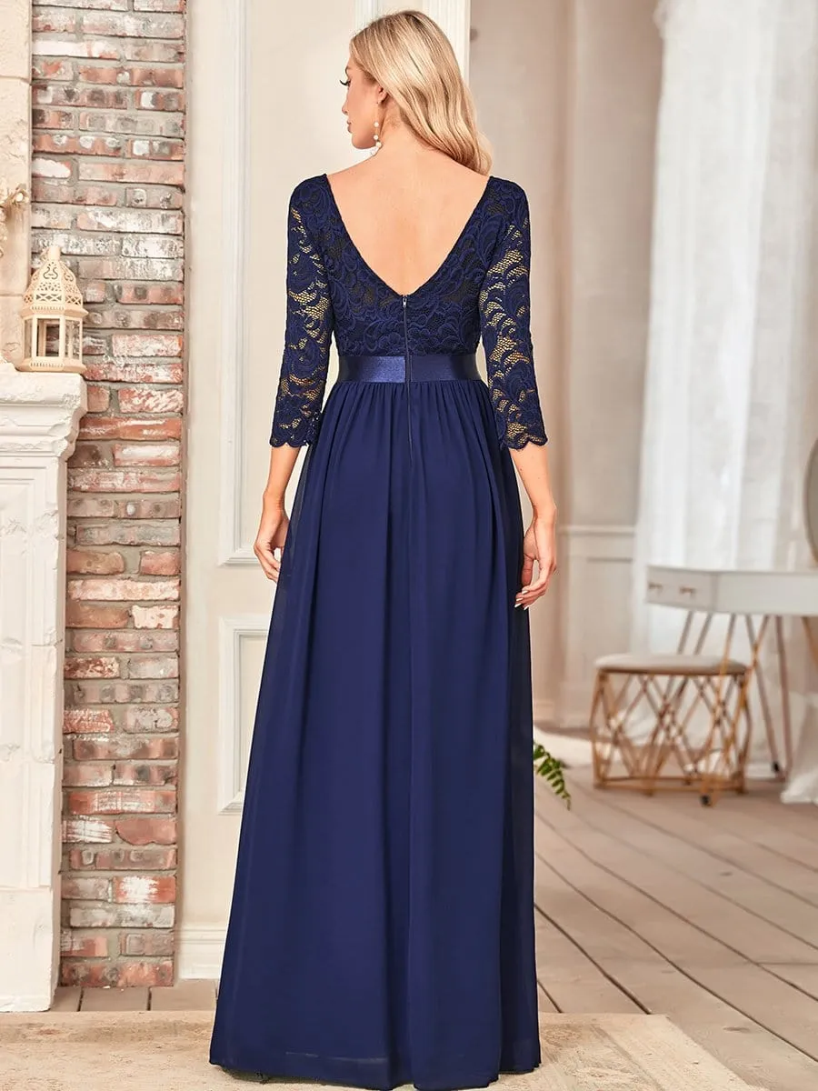 See-Through Floor Length Lace Chiffon Evening Dress with Half Sleeve