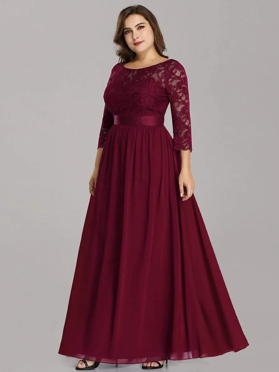 See-Through Floor Length Lace Chiffon Evening Dress with Half Sleeve