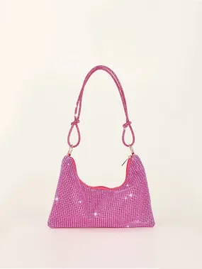 Shiny Neon Pink Rhinestone Decor Hobo Bag Evening Bag