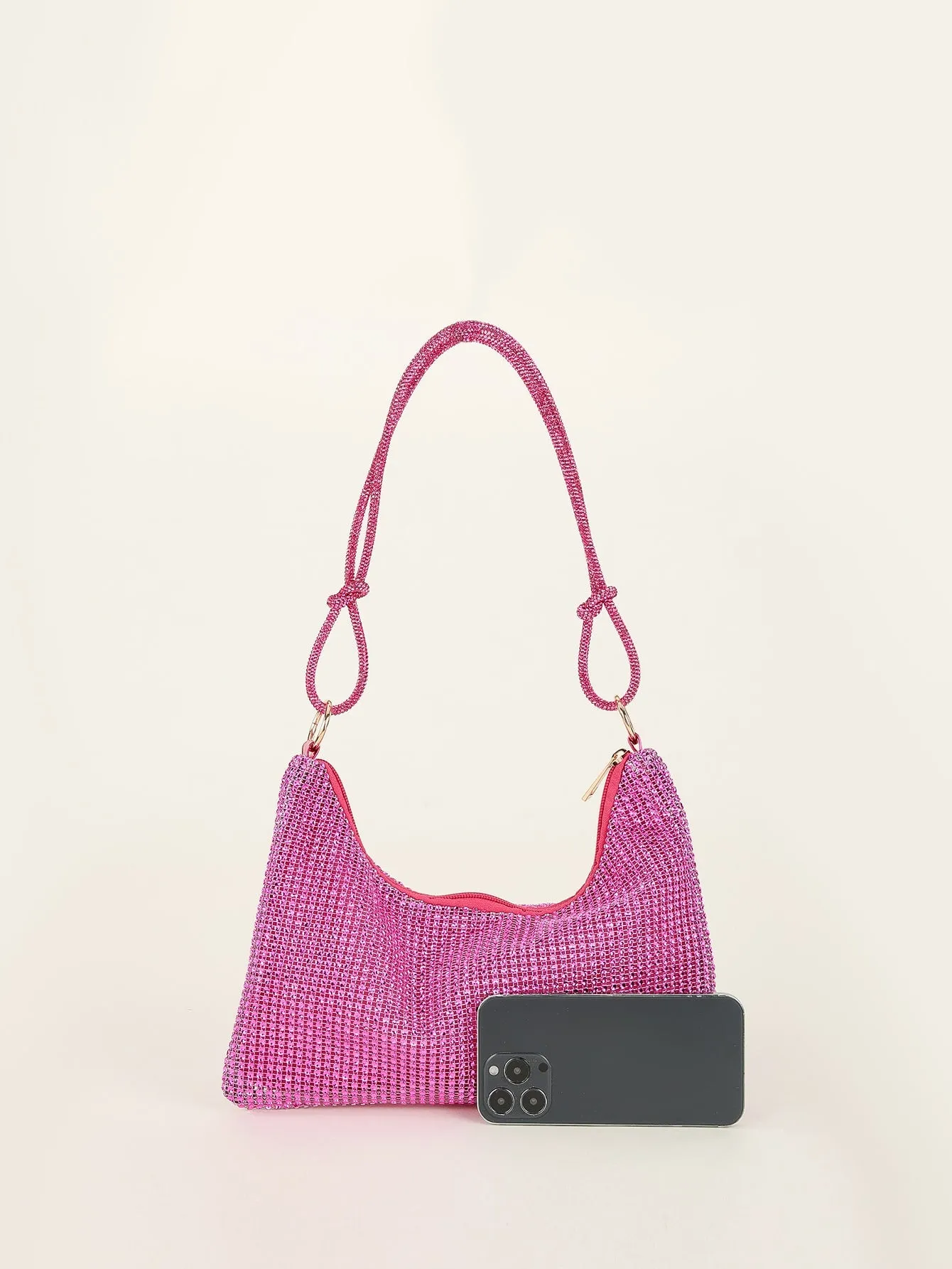 Shiny Neon Pink Rhinestone Decor Hobo Bag Evening Bag