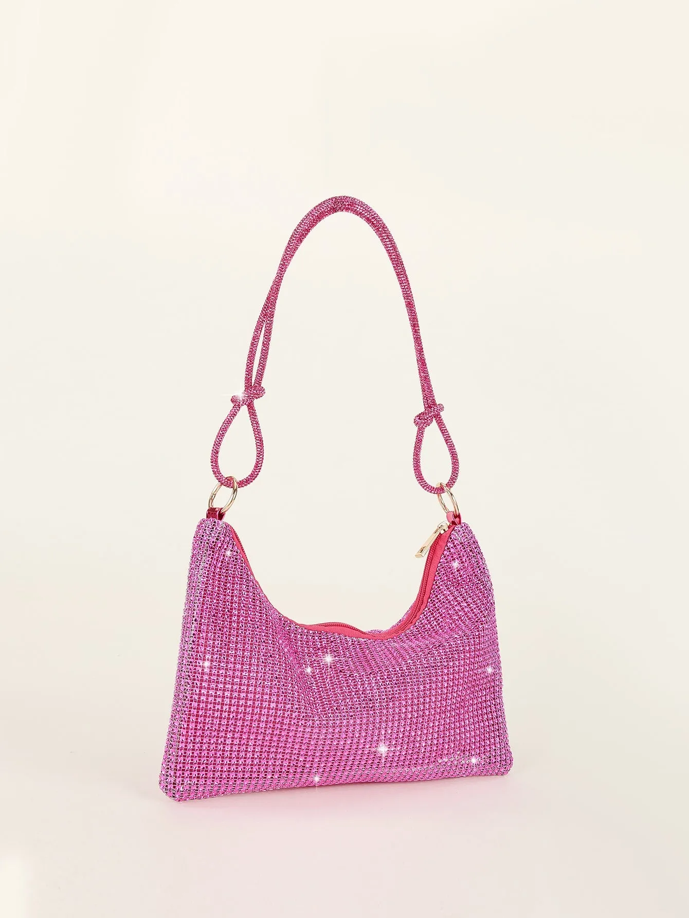 Shiny Neon Pink Rhinestone Decor Hobo Bag Evening Bag