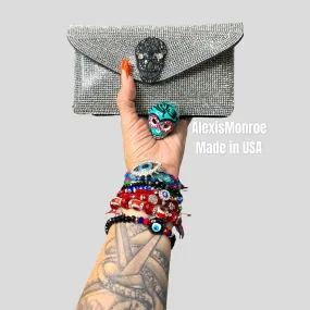 Silver Rhinestone Calavera Skull Belt Purse