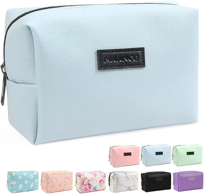 Small Makeup Bag MAANGE Travel Cosmetic Bag Makeup Pouch PU Leather Portable Versatile Zipper Make up Bag for Women (Blue)