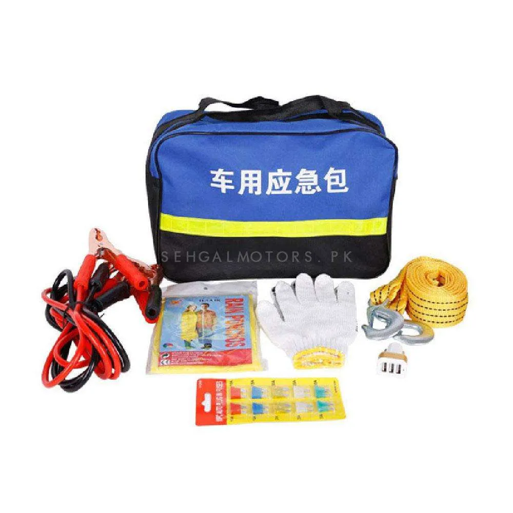 SOS Car Emergency Kit Small - Jump Start Cables , Towing Strap Hook, Gloves, Fuse and Hand Held Torch