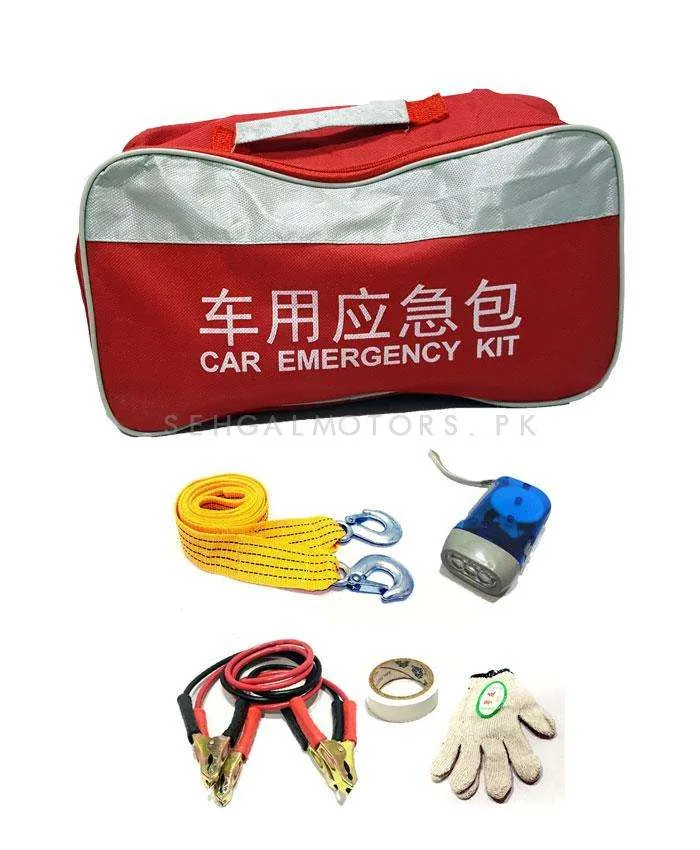 SOS Car Emergency Kit Small - Jump Start Cables , Towing Strap Hook, Gloves, Fuse and Hand Held Torch