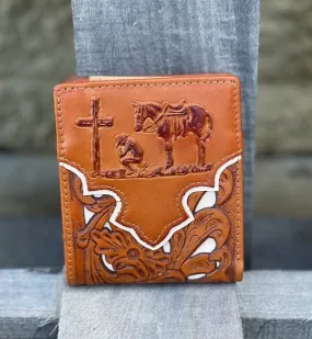 Top Notch Accessories 50100-2L.BR Light Brown Praying Cowboy w/Beige Inlay Bi-Fold Wallet