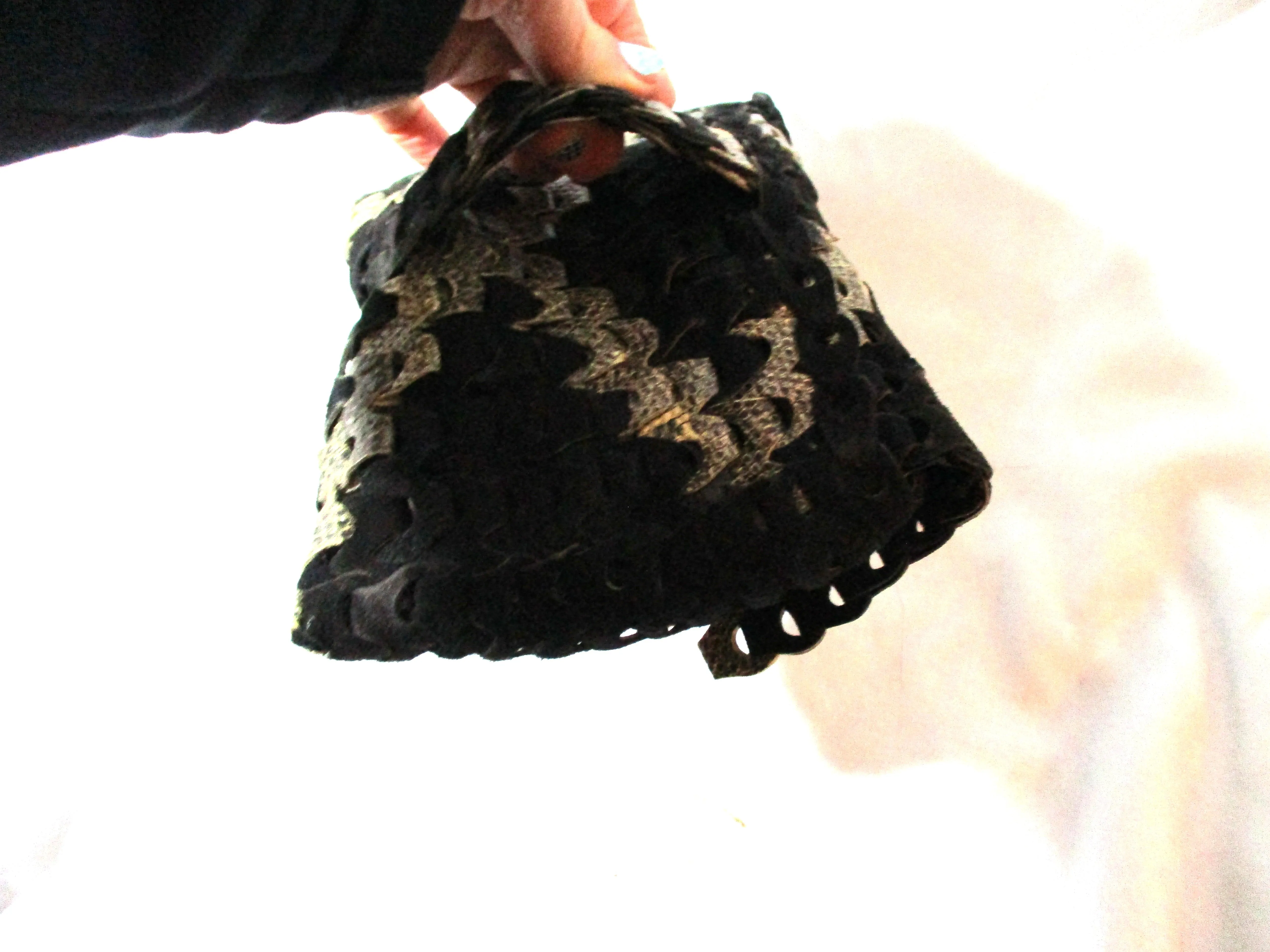 Vintage Snakeskin SUEDE woven LEATHER bag purse evening Clutch BLACK