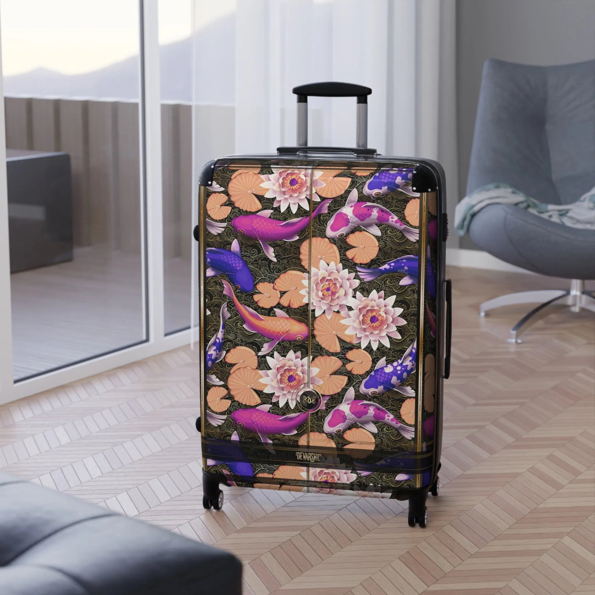 Violet Koi Fish Suitcase Carry-on Suitcase Fish & Floral Travel Luggage Hard Shell Suitcase in 3 Sizes | D20018