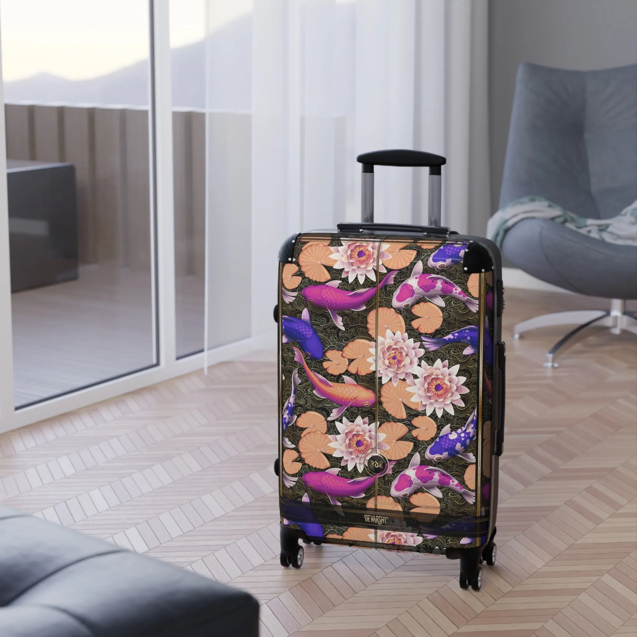 Violet Koi Fish Suitcase Carry-on Suitcase Fish & Floral Travel Luggage Hard Shell Suitcase in 3 Sizes | D20018