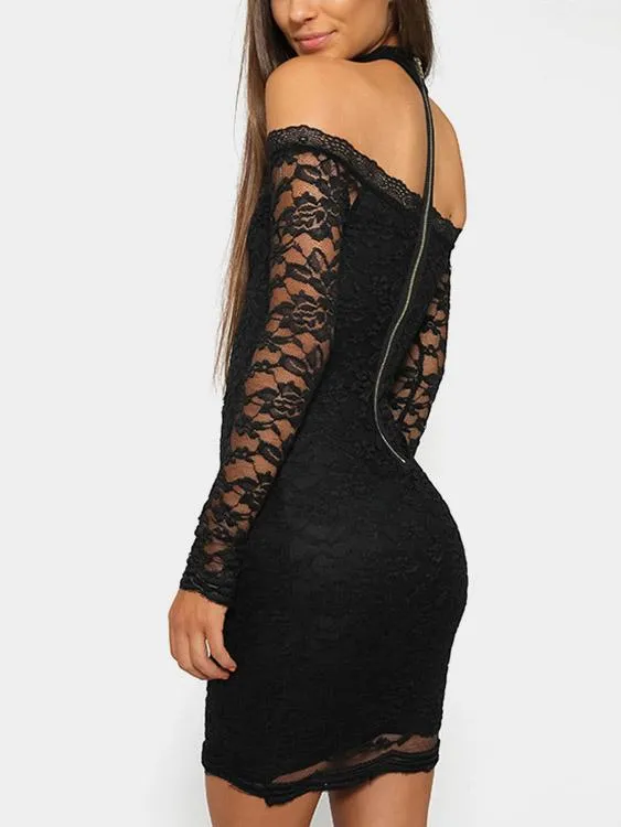 Wholesale Black Halter Off The Shoulder Long Sleeve Sheer Crochet Lace Embellished Mini Dress