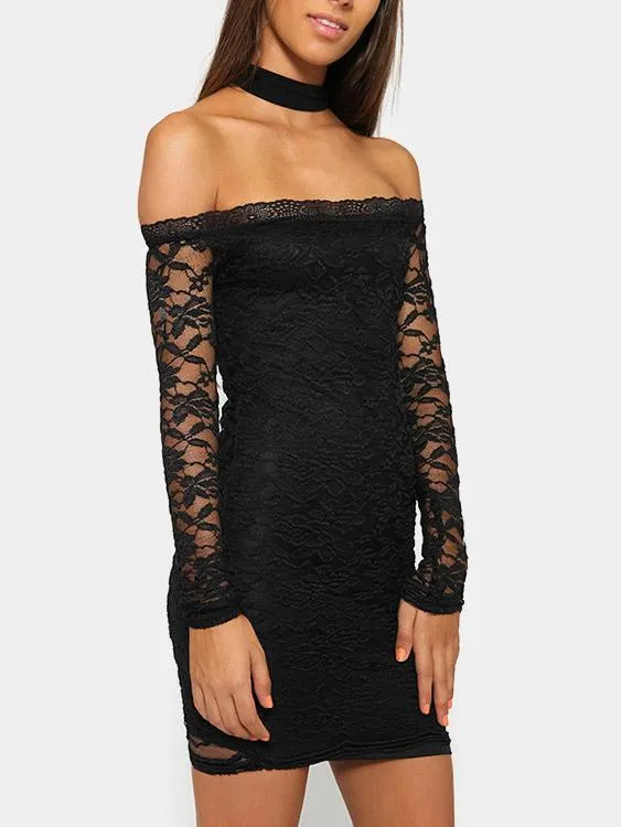 Wholesale Black Halter Off The Shoulder Long Sleeve Sheer Crochet Lace Embellished Mini Dress