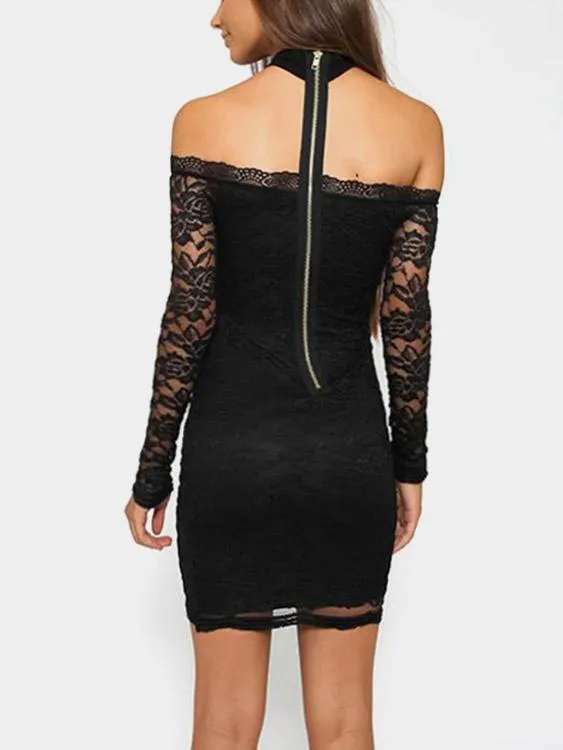 Wholesale Black Halter Off The Shoulder Long Sleeve Sheer Crochet Lace Embellished Mini Dress