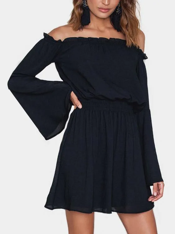 Wholesale Black Off The Shoulder Long Sleeve Backless Ruffle Hem Mini Dress