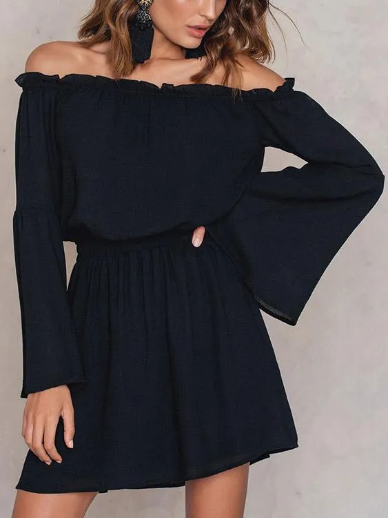 Wholesale Black Off The Shoulder Long Sleeve Backless Ruffle Hem Mini Dress