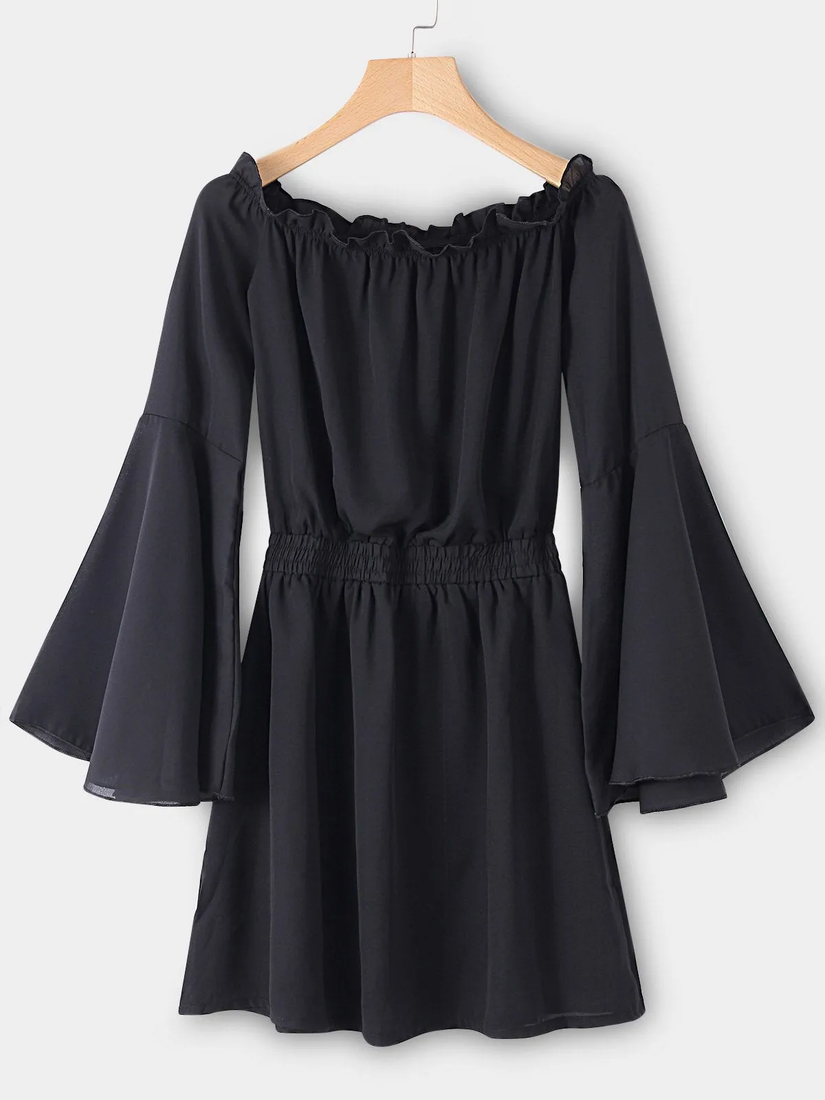 Wholesale Black Off The Shoulder Long Sleeve Backless Ruffle Hem Mini Dress