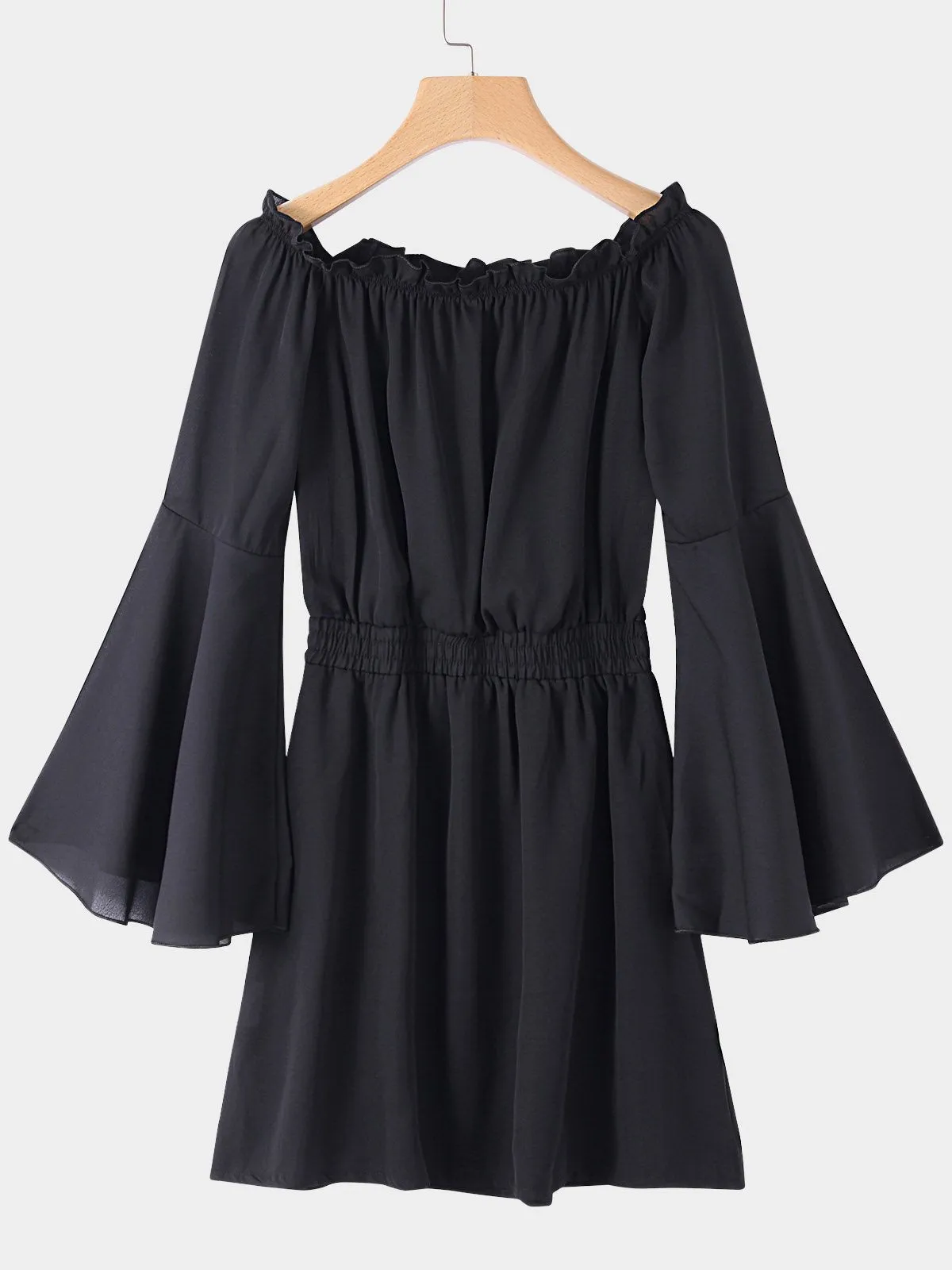 Wholesale Black Off The Shoulder Long Sleeve Backless Ruffle Hem Mini Dress