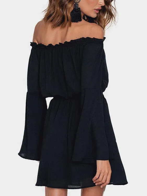 Wholesale Black Off The Shoulder Long Sleeve Backless Ruffle Hem Mini Dress