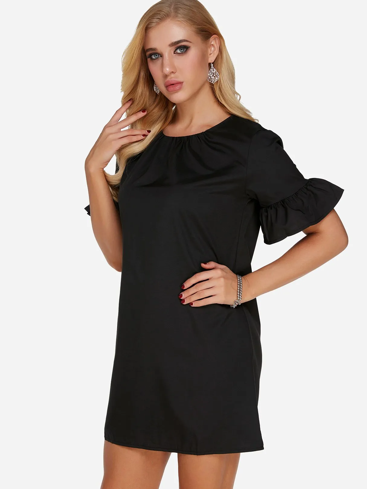 Wholesale Black Round Neck Short Sleeve Plain Mini Dress