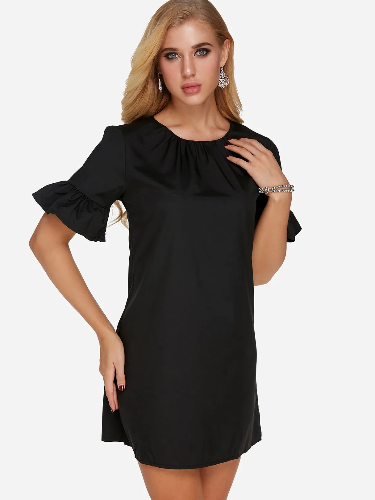 Wholesale Black Round Neck Short Sleeve Plain Mini Dress