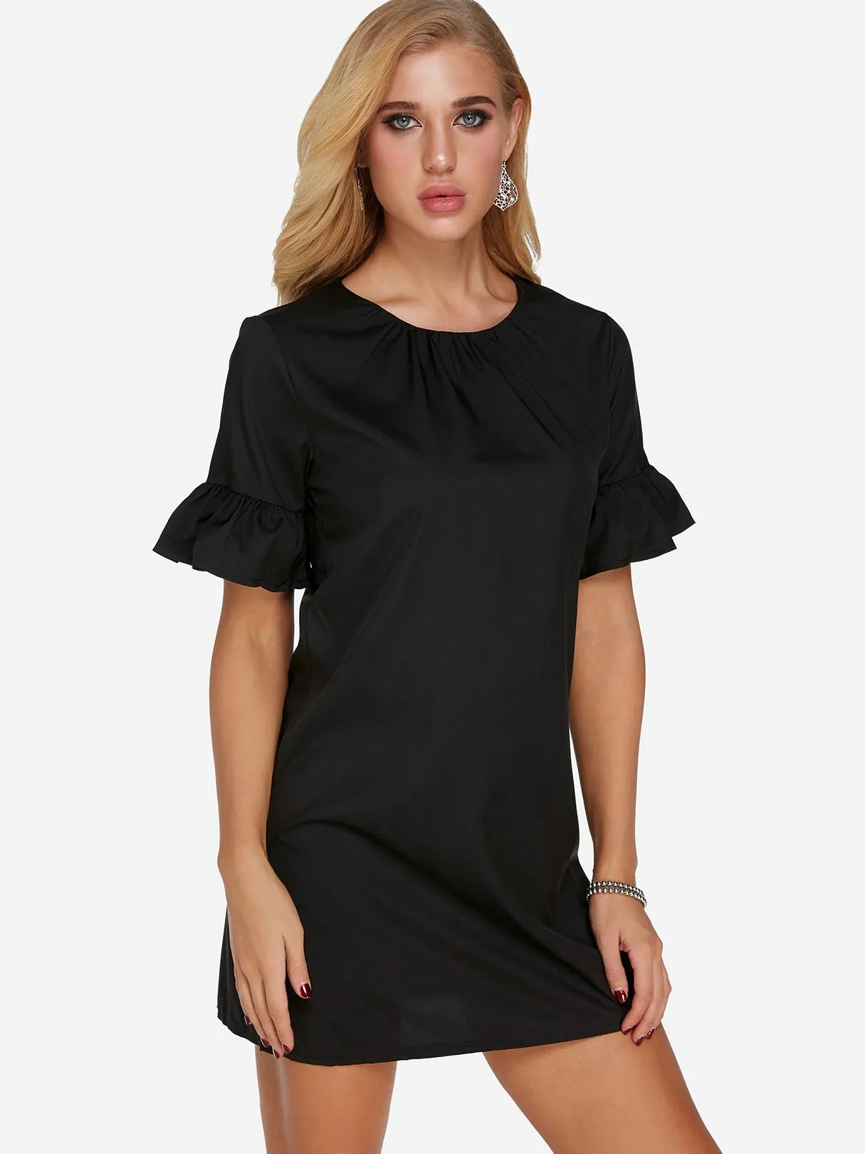 Wholesale Black Round Neck Short Sleeve Plain Mini Dress