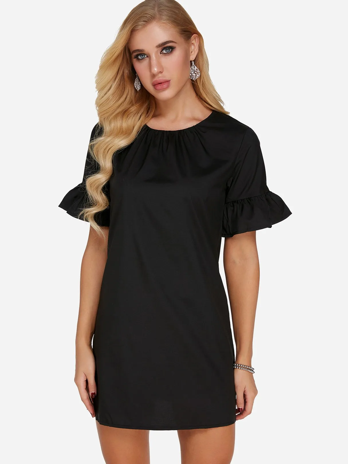 Wholesale Black Round Neck Short Sleeve Plain Mini Dress