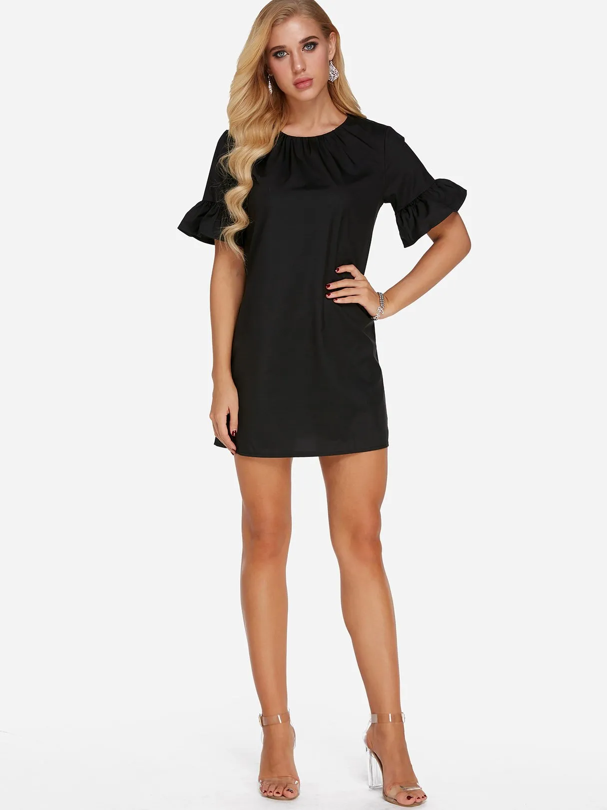 Wholesale Black Round Neck Short Sleeve Plain Mini Dress