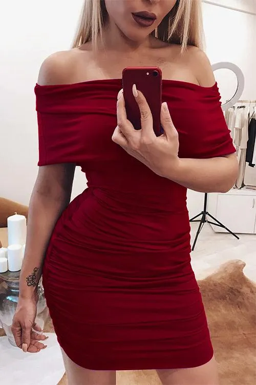 Wholesale Burgundy Bateau Short Sleeve Mini Dress