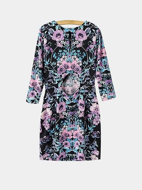 Wholesale Crew Neck 3/4 Length Sleeve Floral Print Cut Out Mini Dress