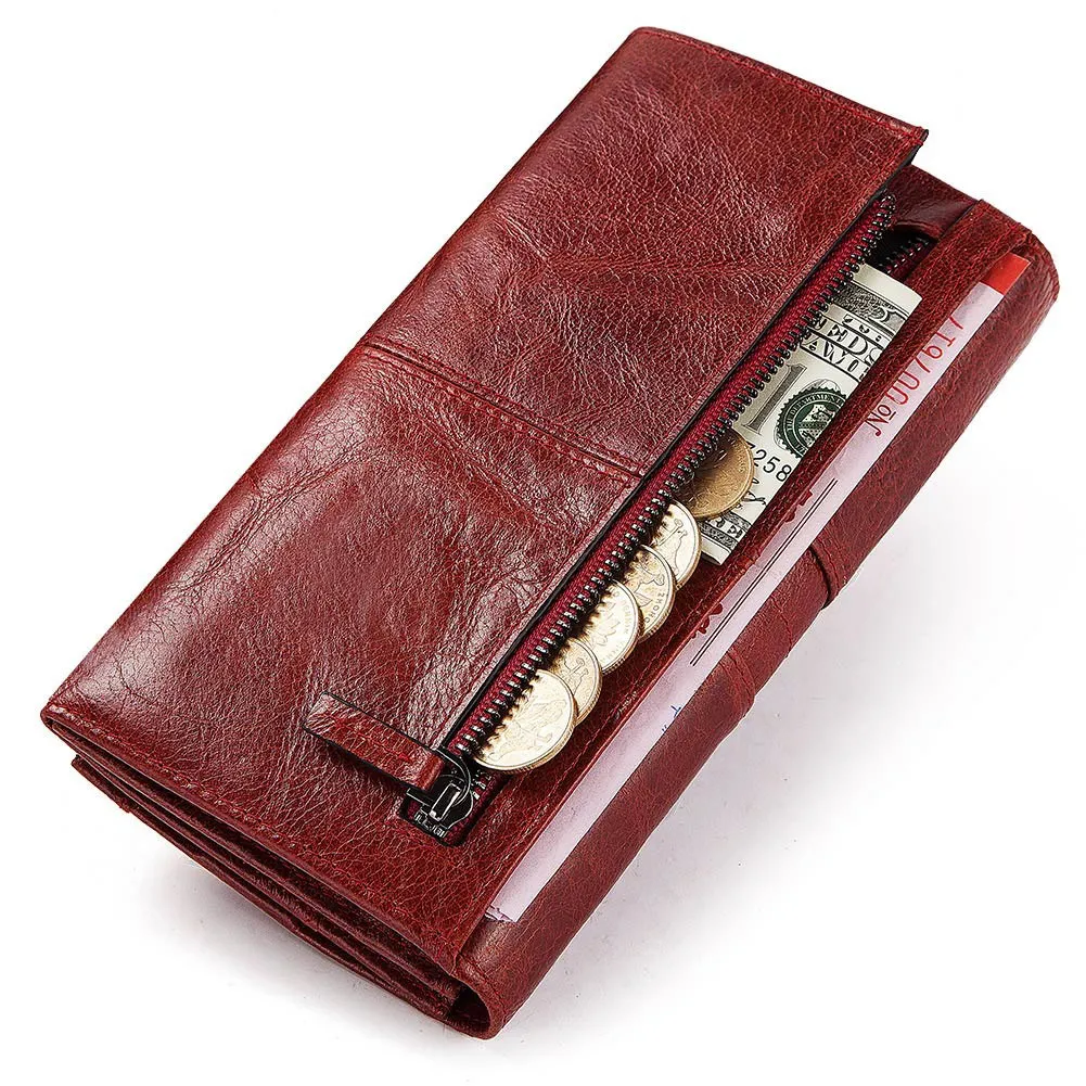 Women's Long Wallet-Clutch / Genuine Leather Wallet with Pocket for Cell Phone and Card Holder