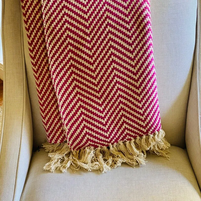 Woven Herringbone Blanket, Turkish Cotton Blanket, Cozy Bed Blanket, Pink blanket, Weighted Blanket